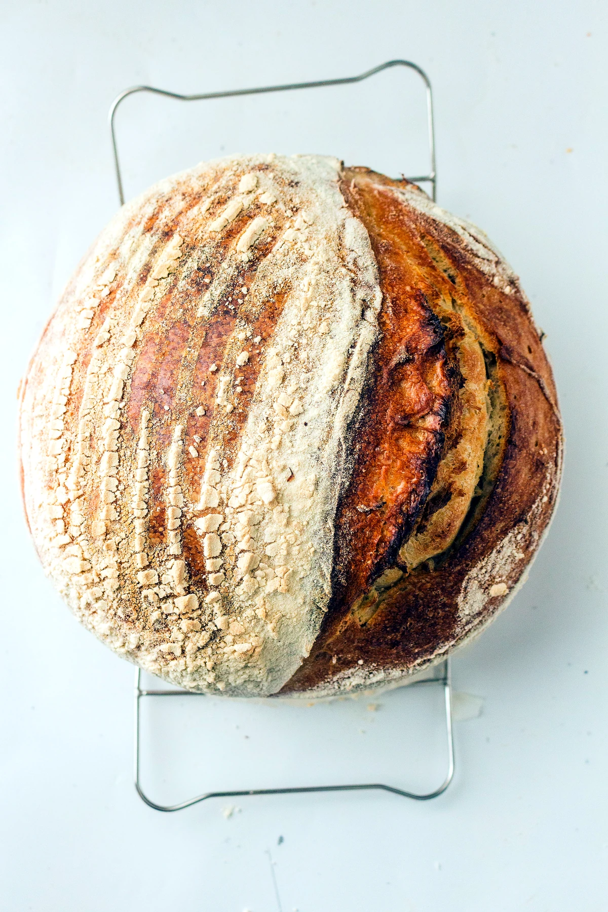 Finished artisan sourdough loaf after baking