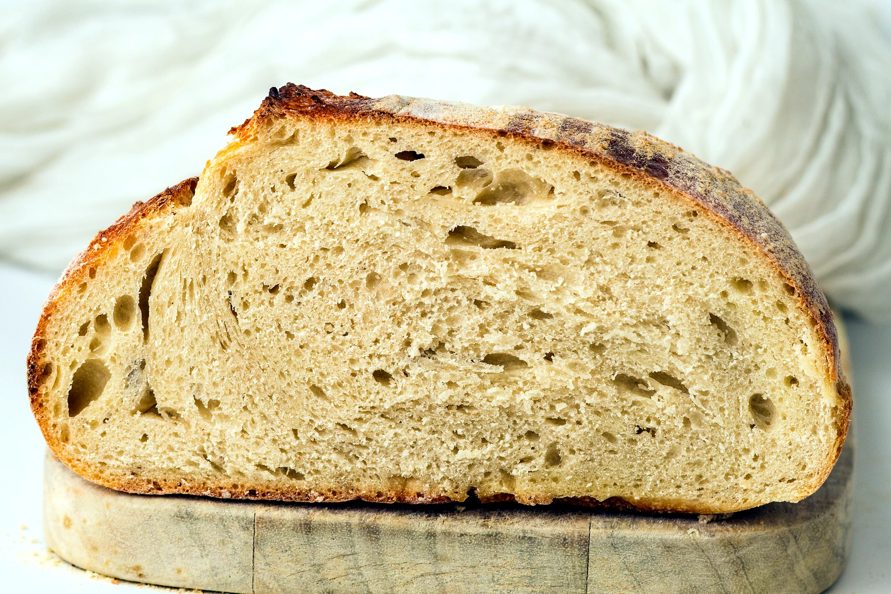 Close look at the crumb inside artisan sourdough loaf