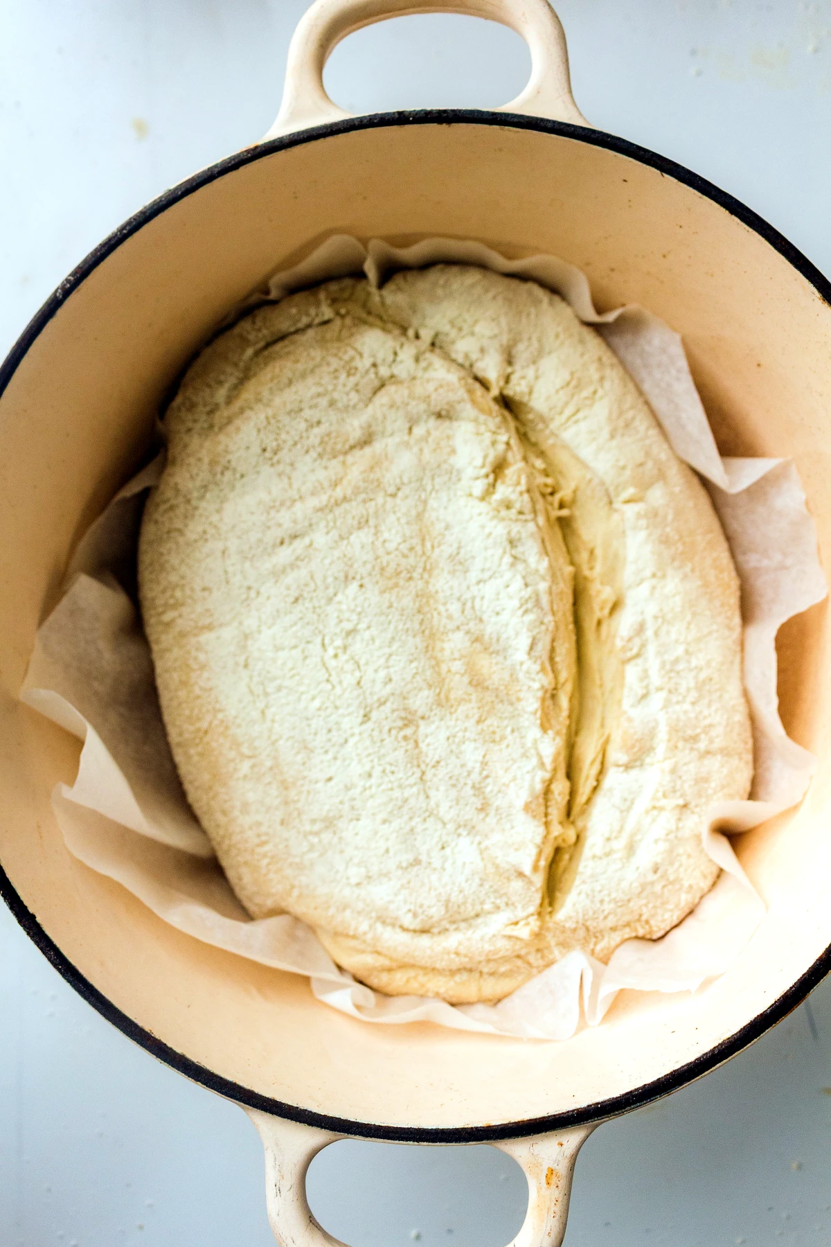 Sourdough loaf being lowered into a Dutch oven