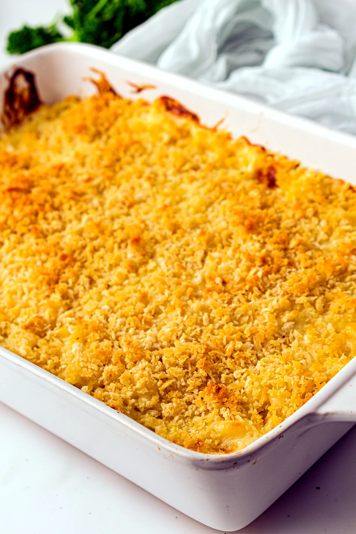 Golden baked mac and cheese fresh from the oven