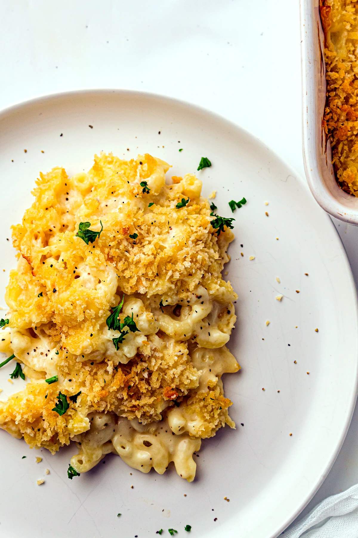 Plated serving of baked mac and cheese