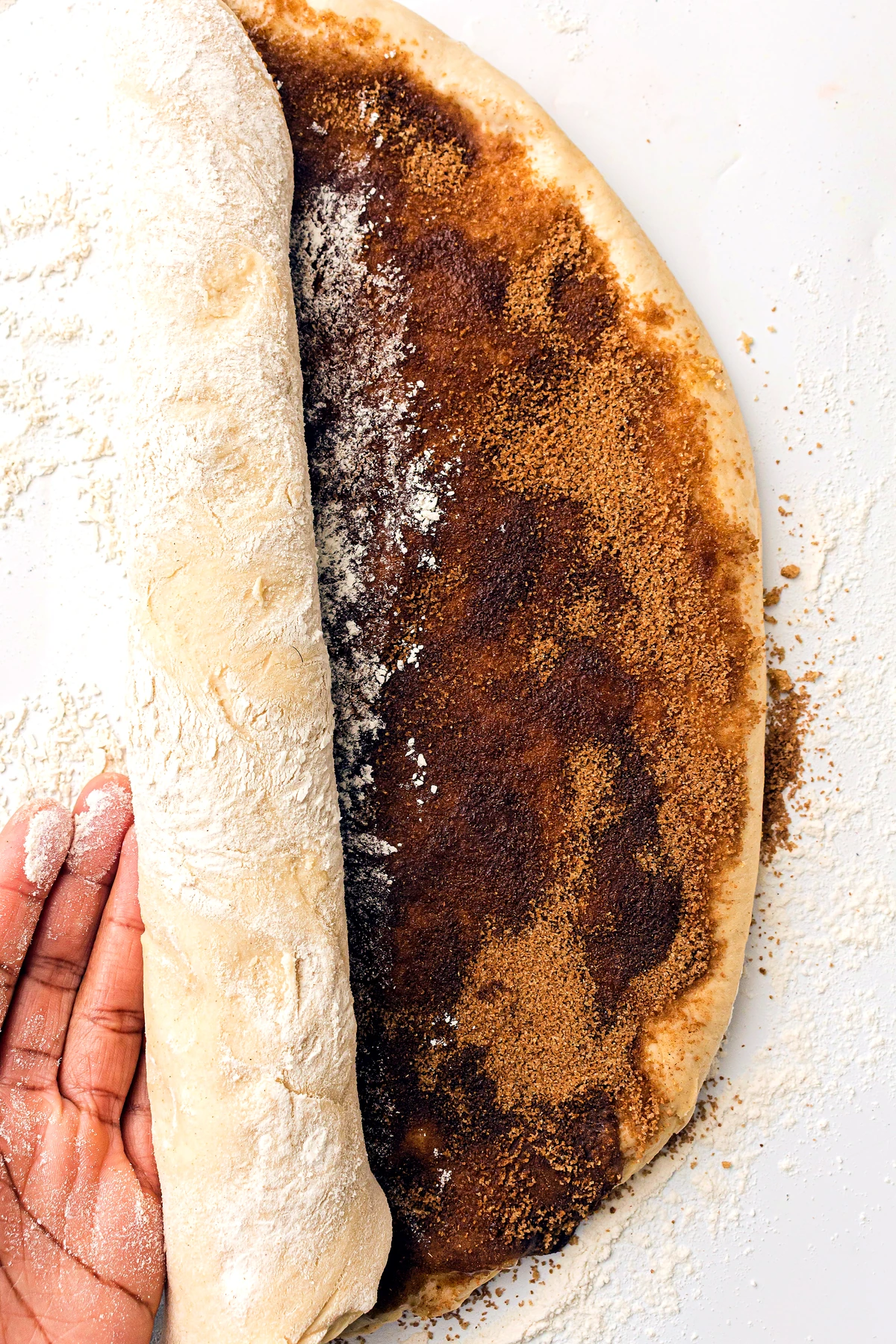 Bread dough rolled into a cinnamon swirl log