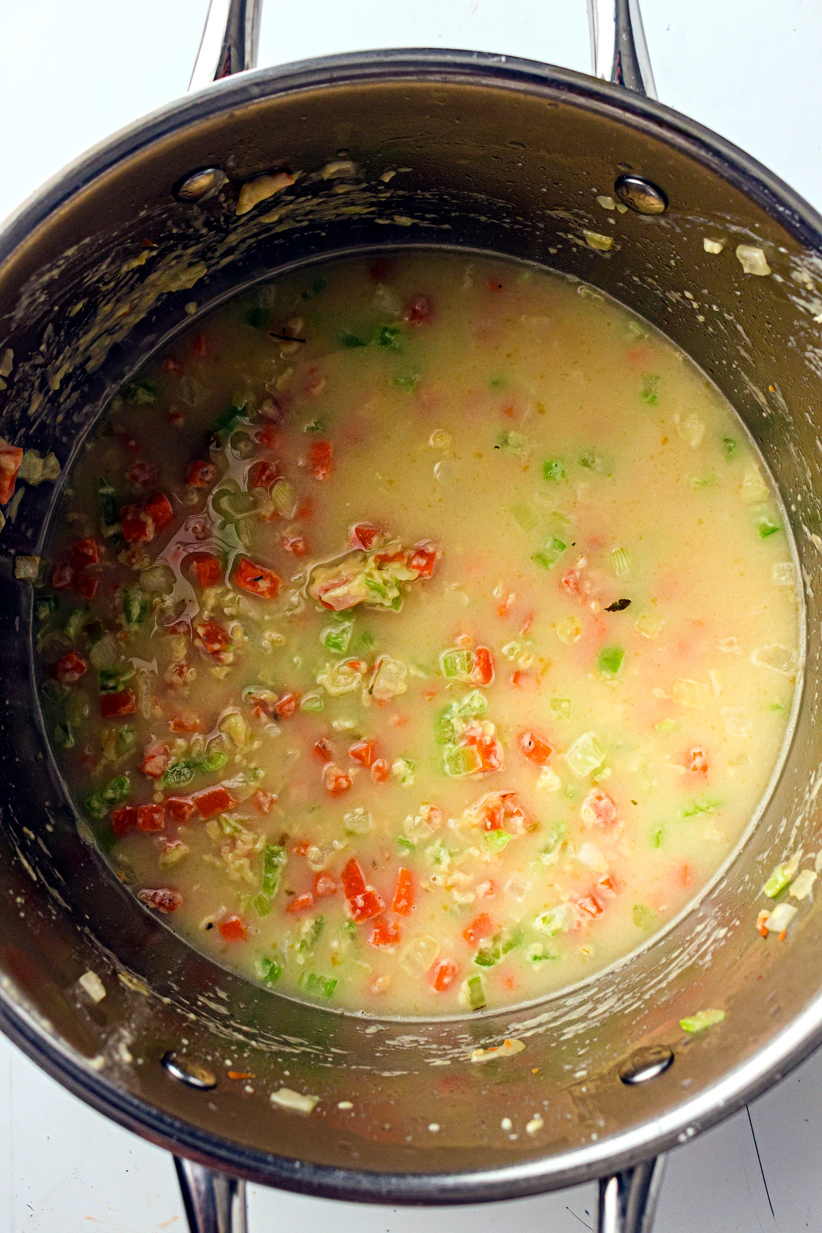 Liquid added to creamy chicken pot pie filling