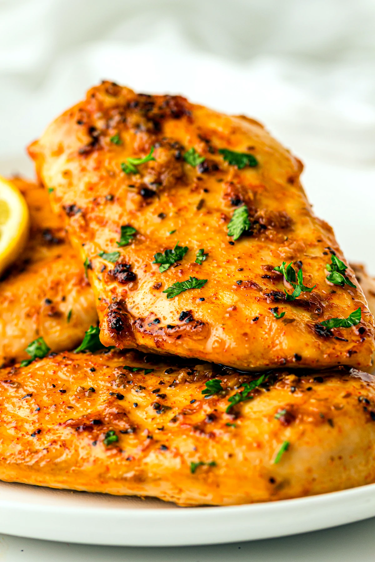 Finished angle of baked lemon chicken breasts