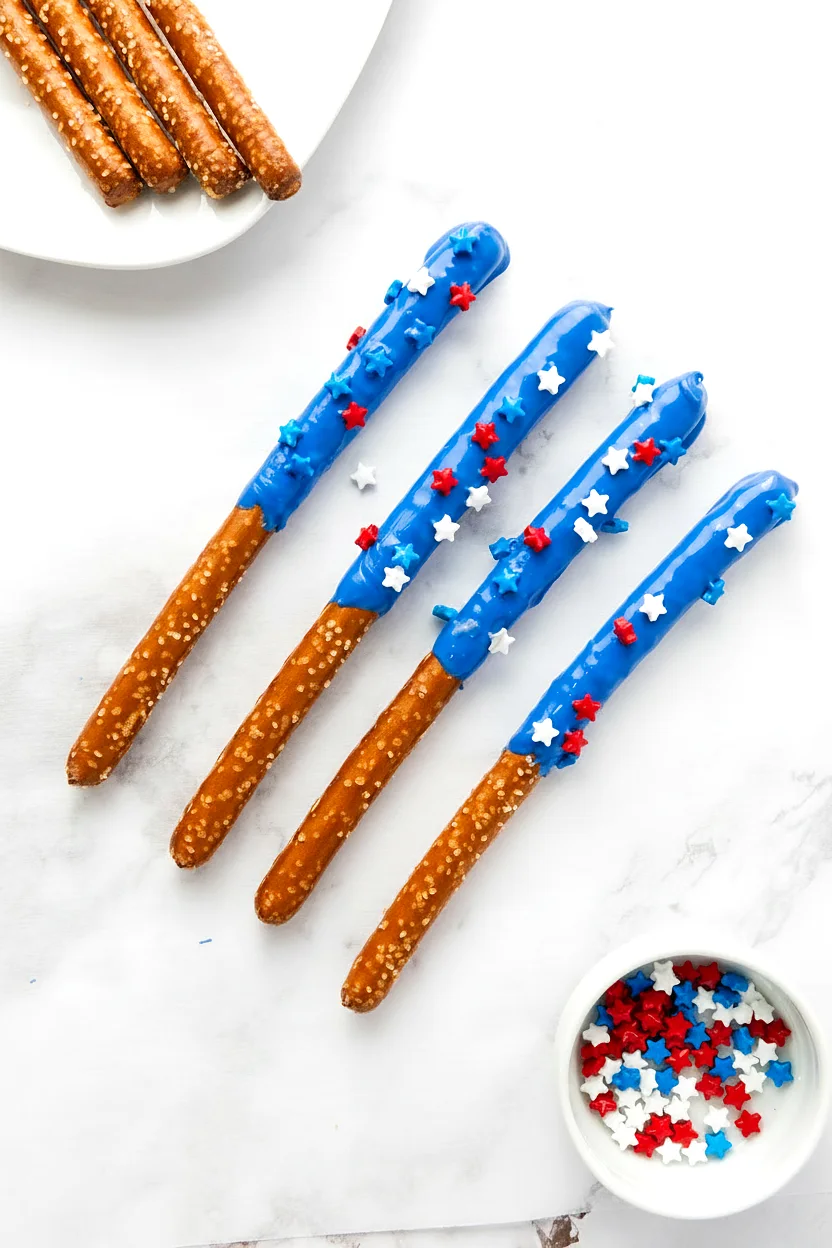 Blue dipped pretzel rods topped with star sprinkles