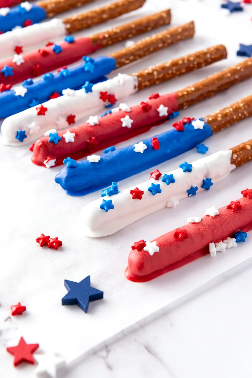 Finished firecracker pretzel rods with red white and blue candy coating