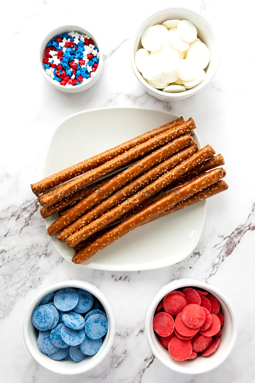 Ingredients for firecracker pretzel rods with pretzels candy melts and star sprinkles