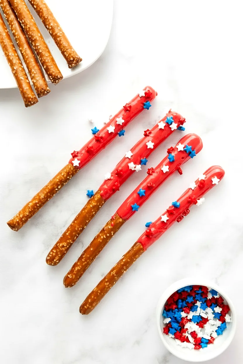 Red dipped pretzel rods topped with star sprinkles