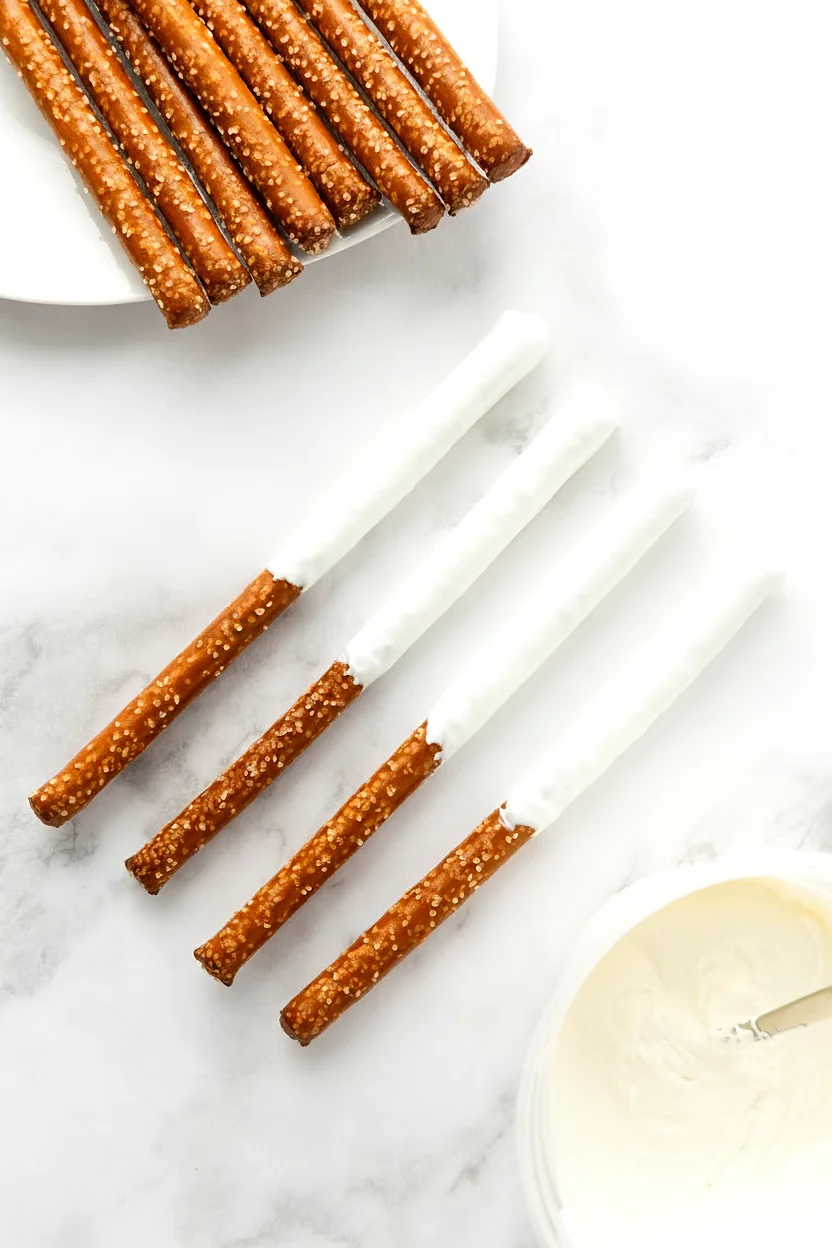Pretzel rods dipped in white candy coating