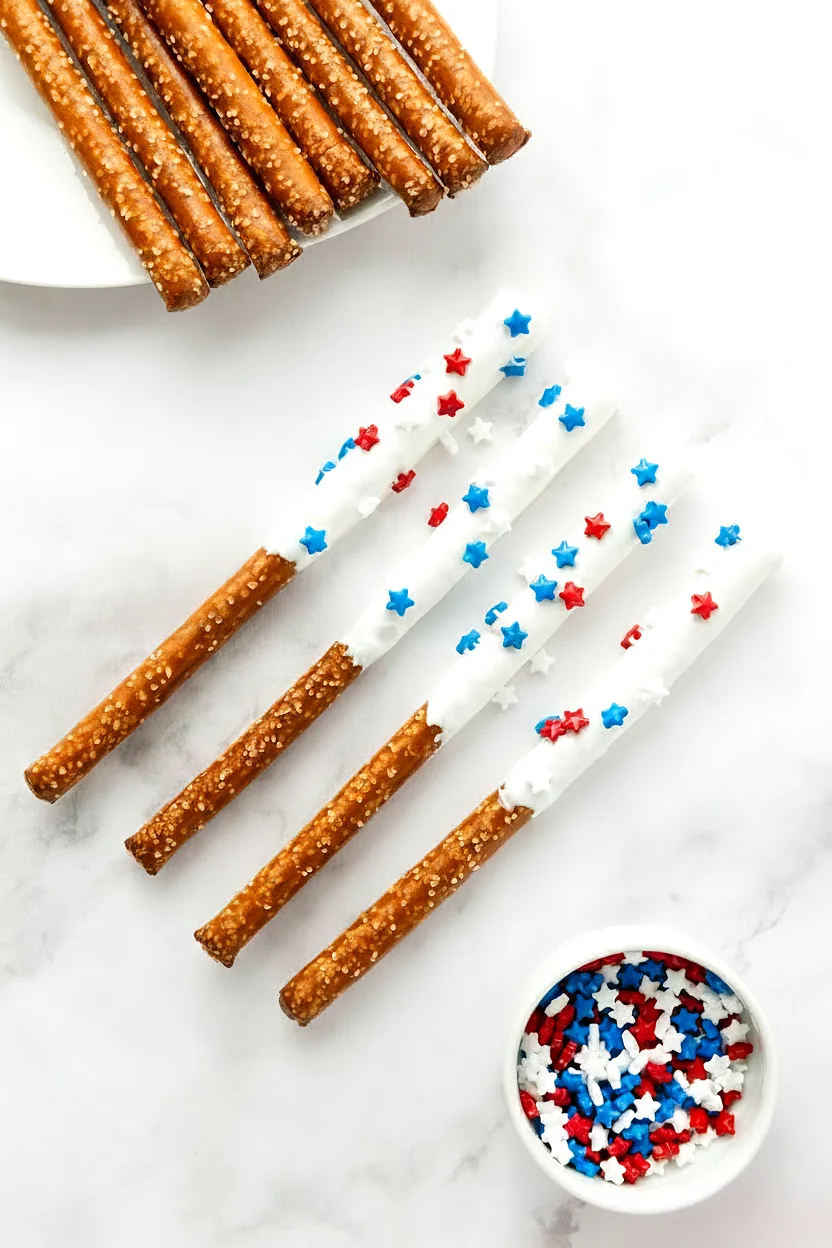 White dipped pretzel rods topped with star sprinkles