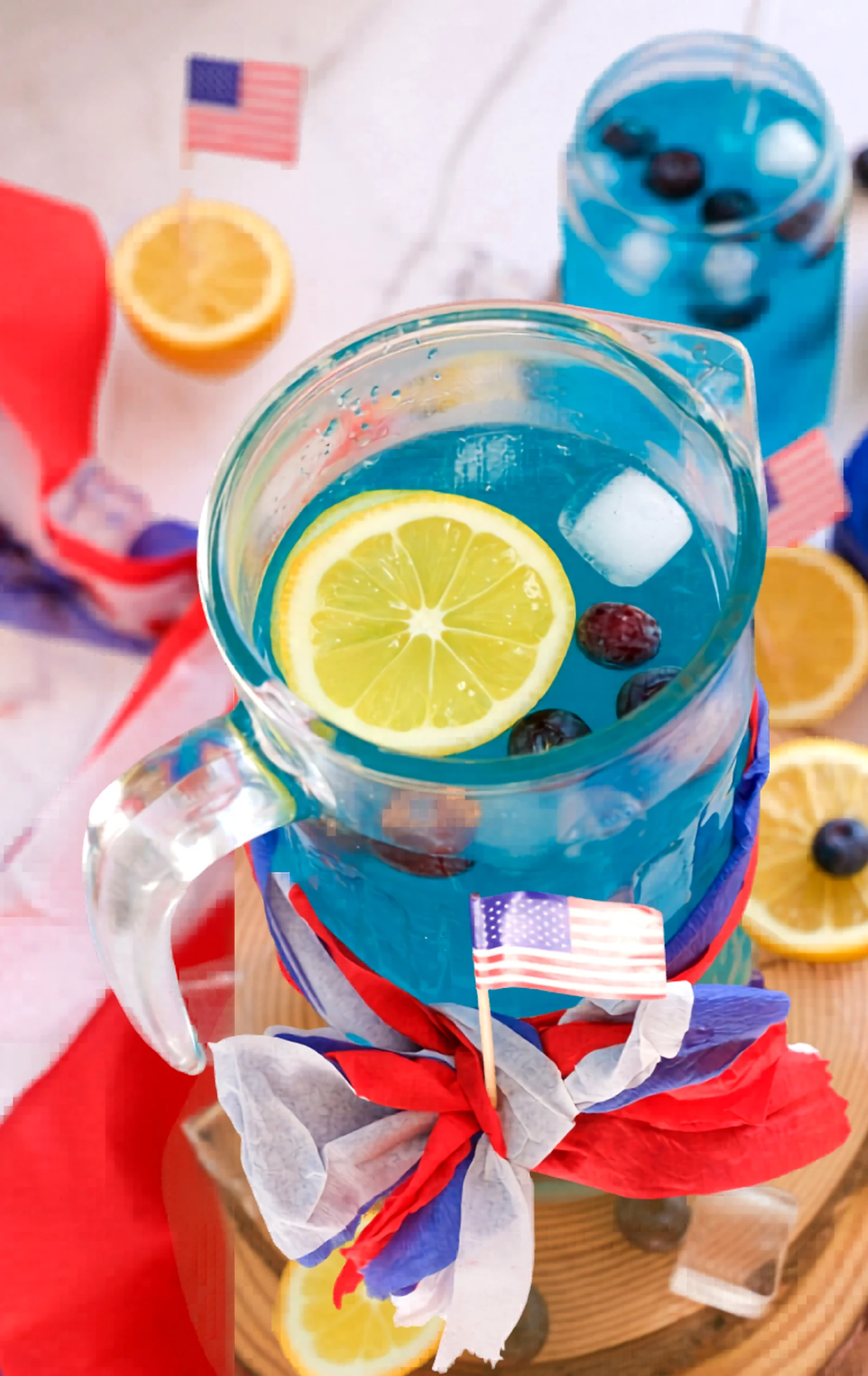 Close view of the finished blue curacao mocktail pitcher.