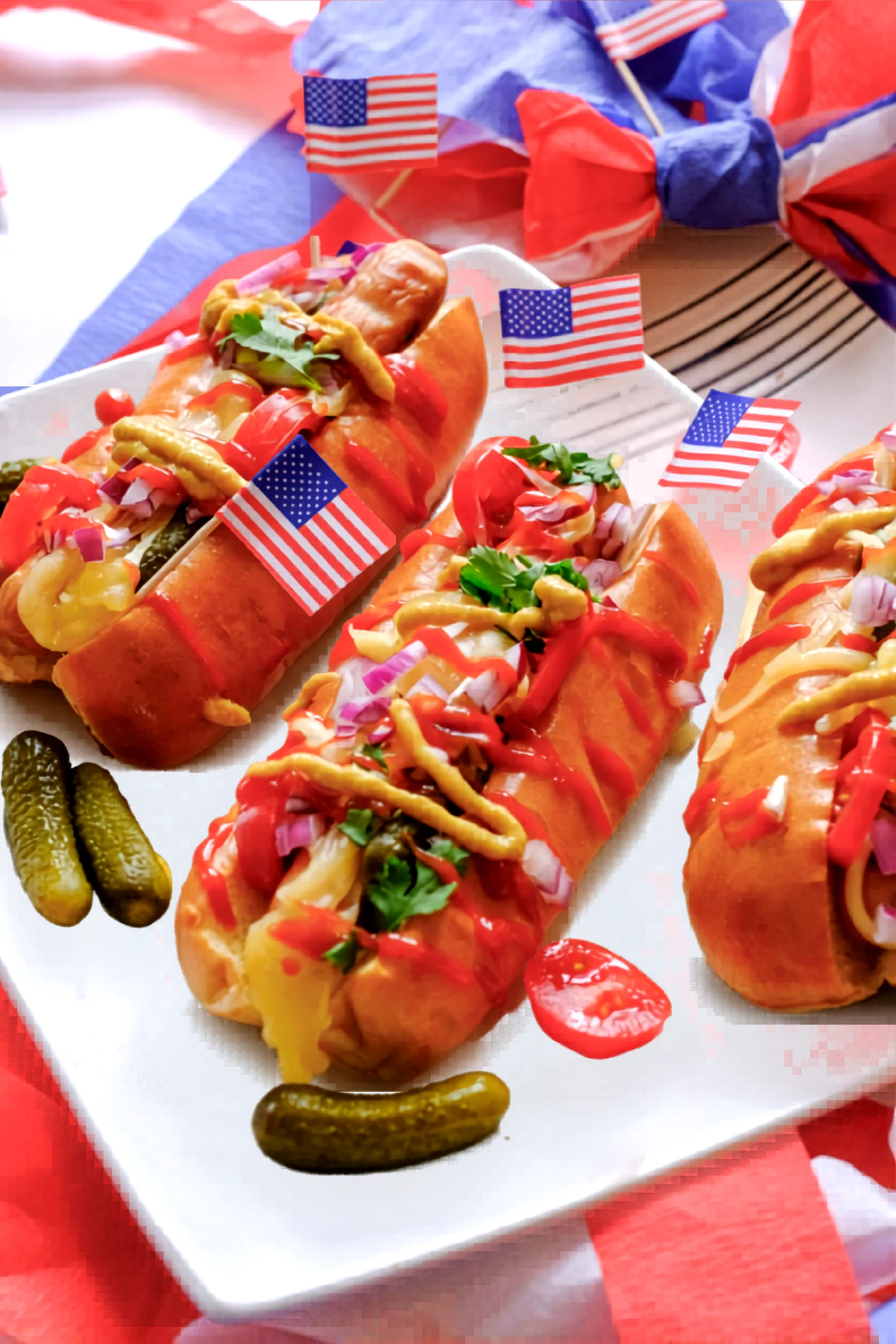 Angle view of Fourth of July hot dogs on a serving platter.
