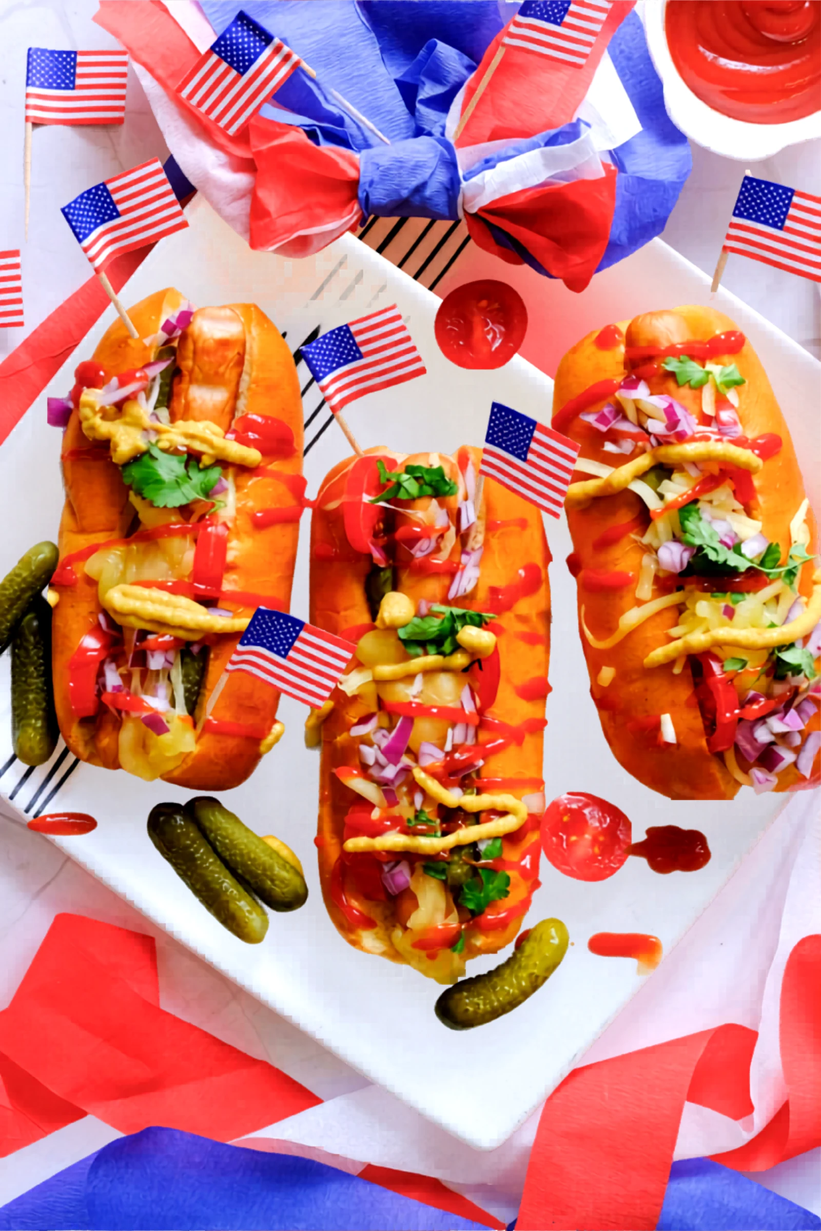 Finished Fourth of July hot dogs arranged on a platter with flags.