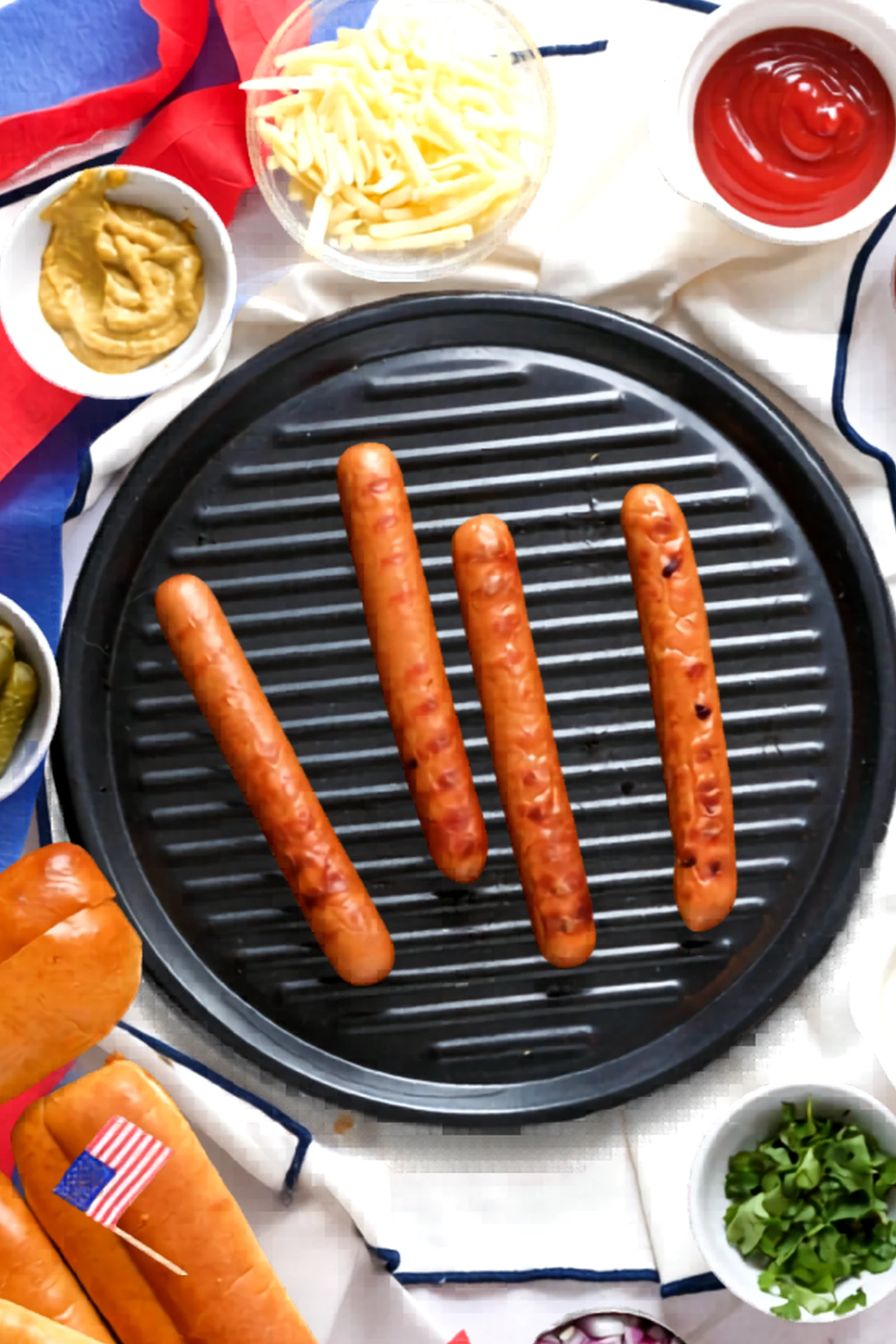 Hot dogs cooking on a ridged grill pan.