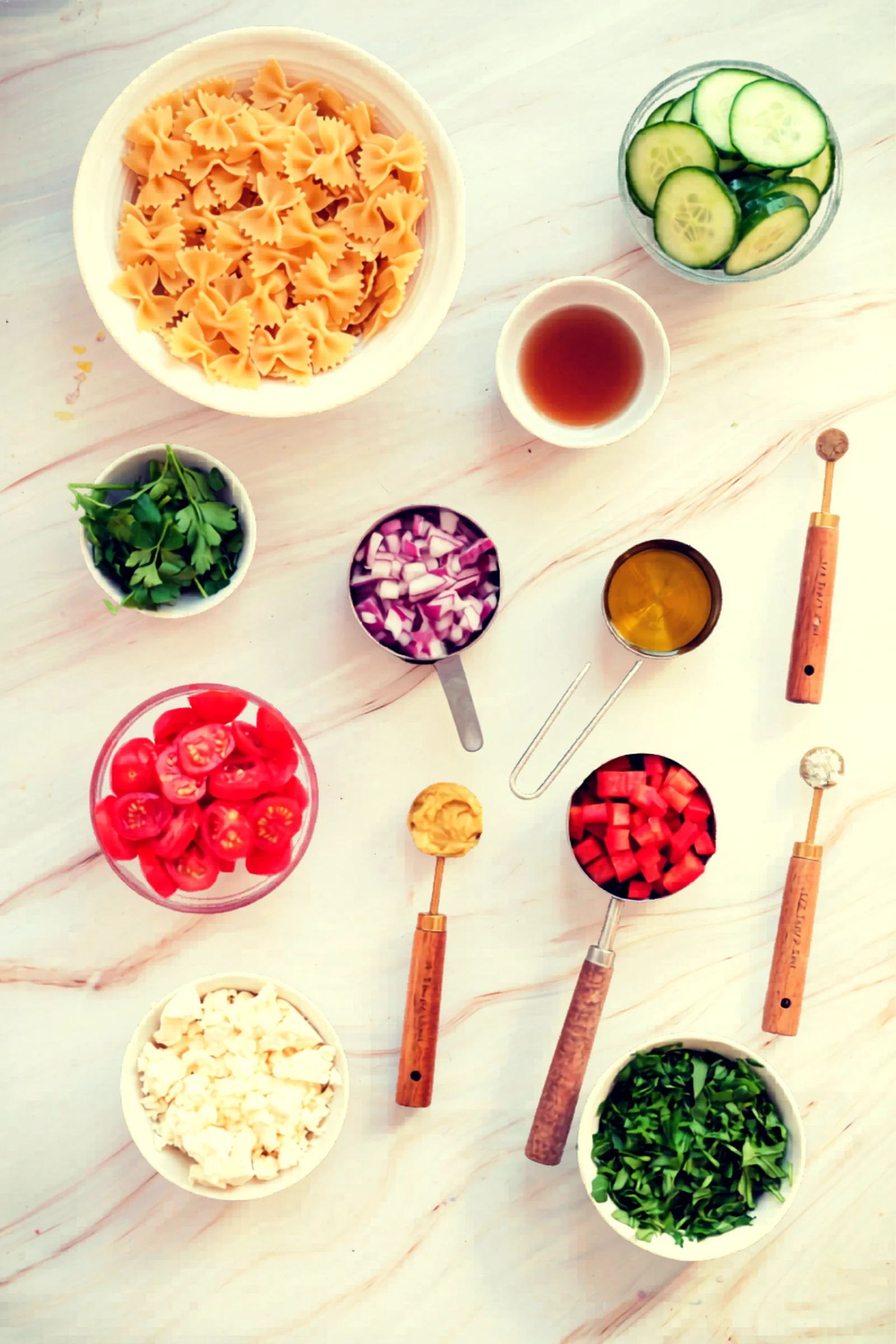 Ingredients for Fourth of July pasta salad arranged on a light surface.