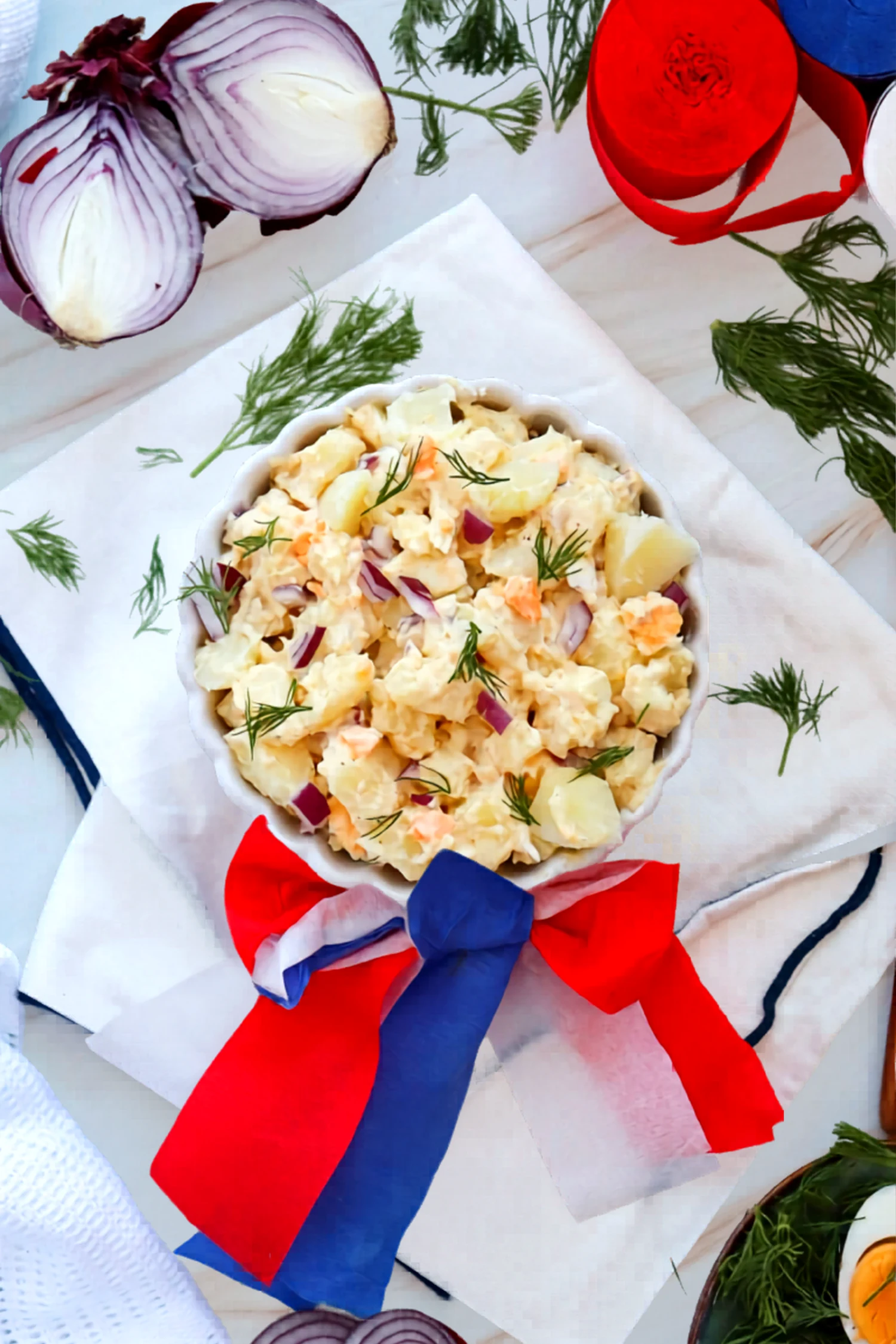 Finished Fourth of July potato salad in a bowl