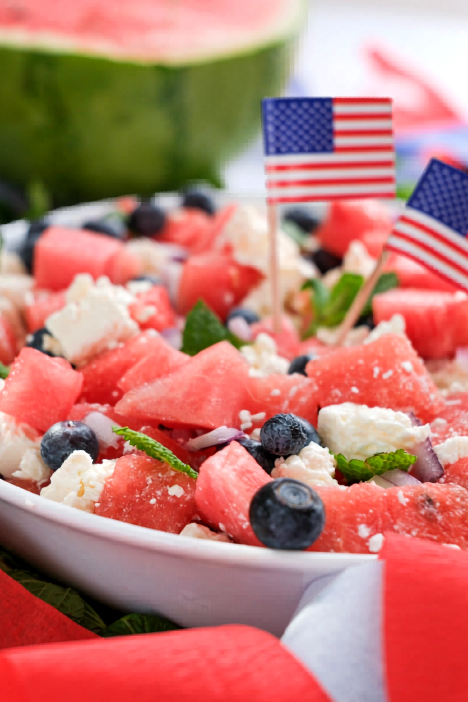 Close up of fourth of july watermelon feta salad