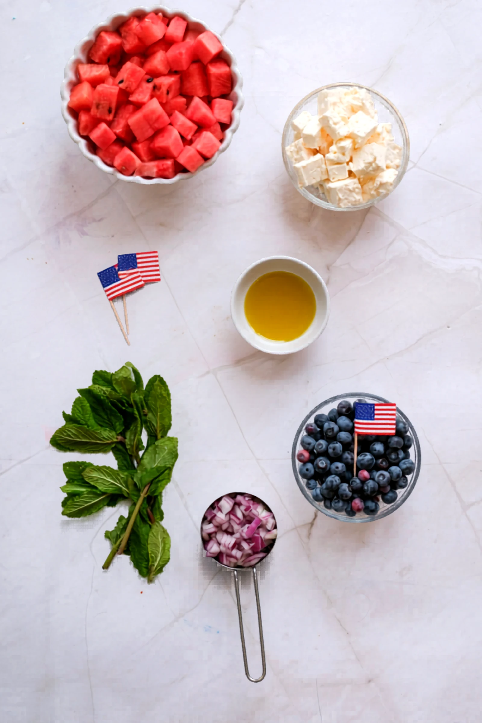 Ingredients for fourth of july watermelon feta salad