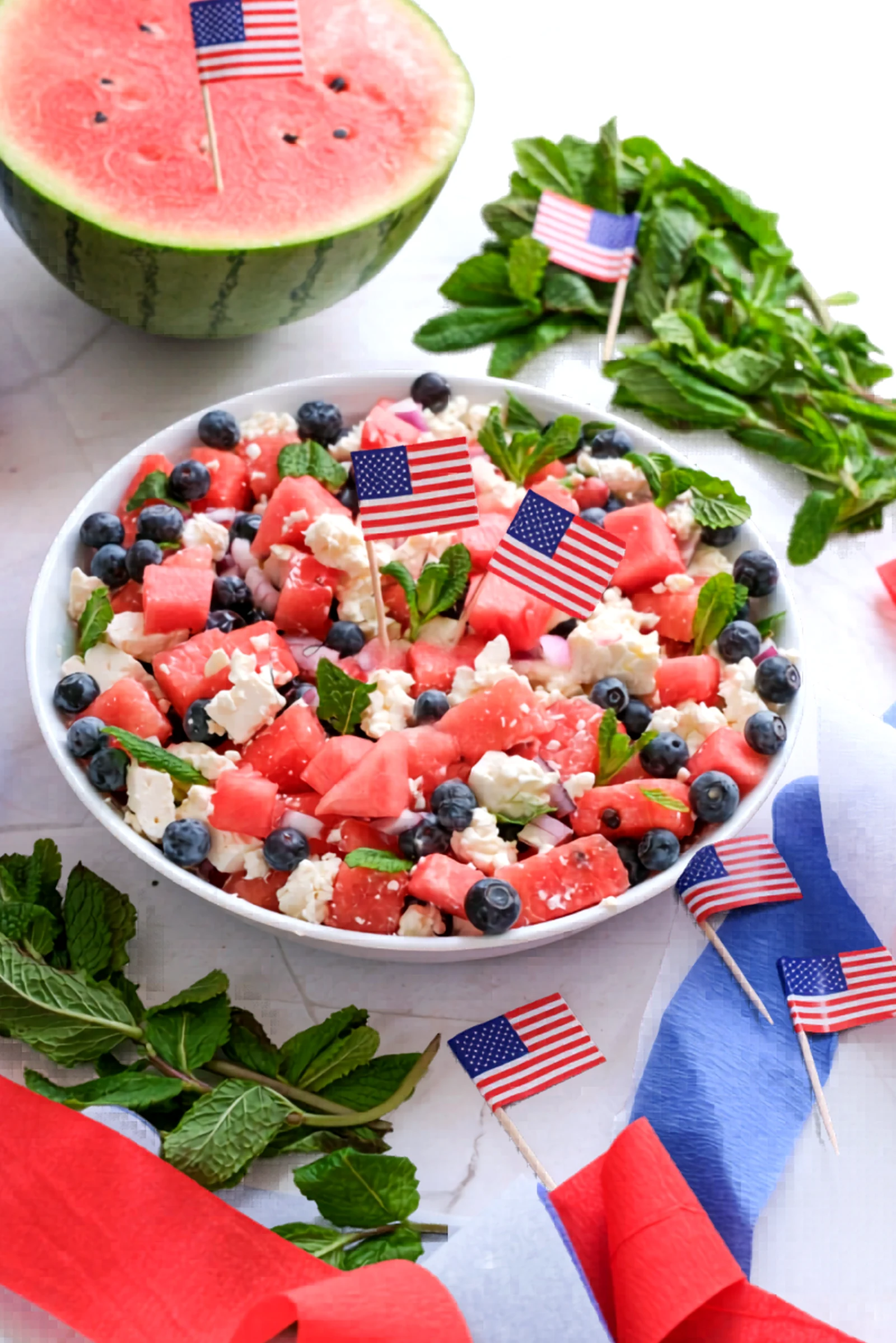 Serving angle of fourth of july watermelon feta salad