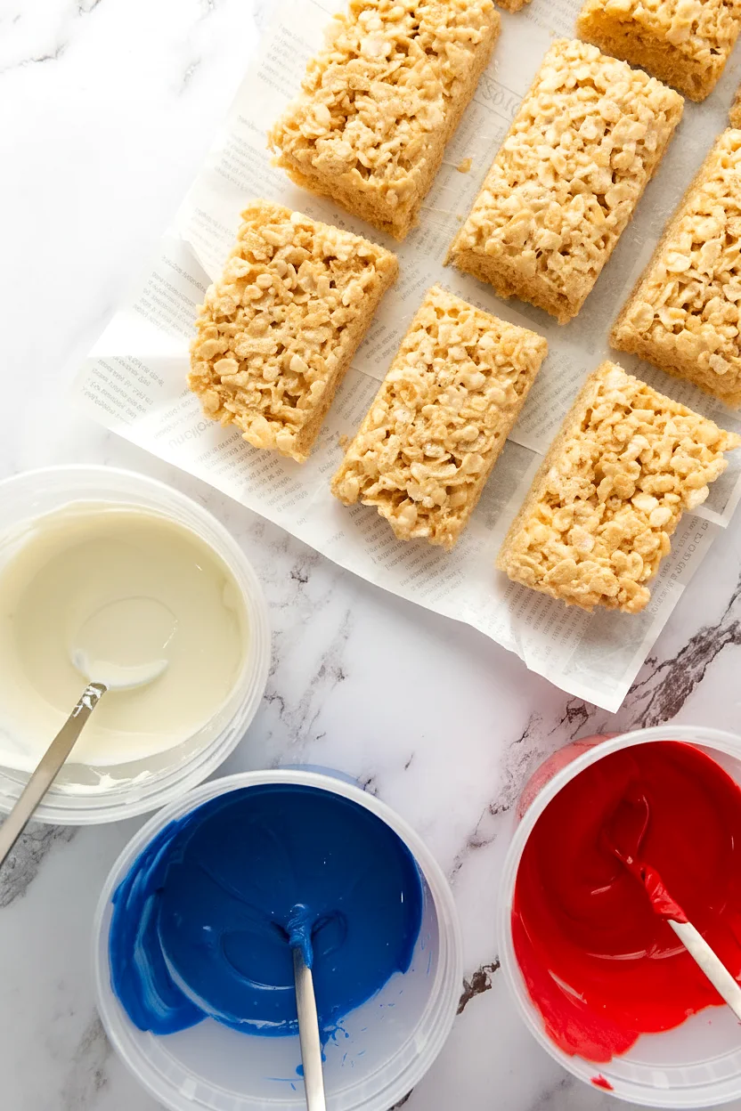 Red white and blue candy melt bowls ready for drizzling