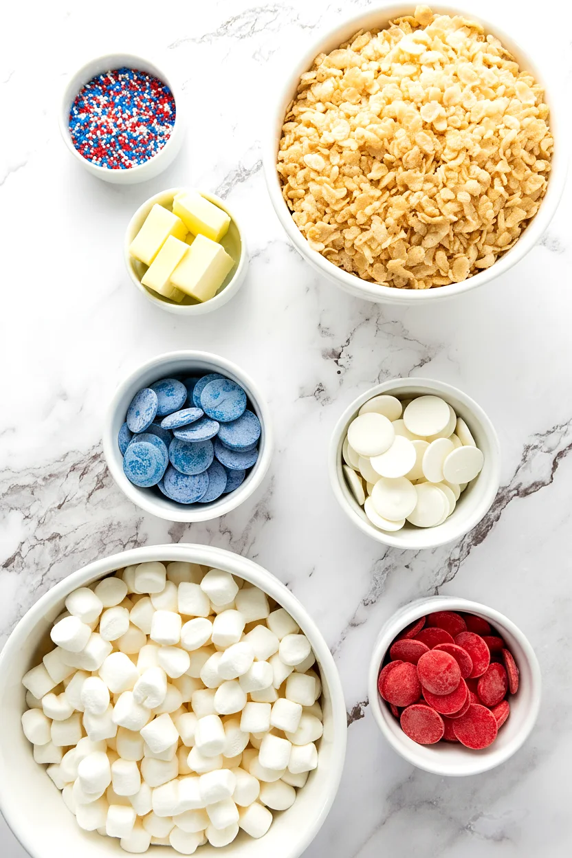Ingredients for Independence Rice Krispie treats with cereal marshmallows butter candy melts and sprinkles