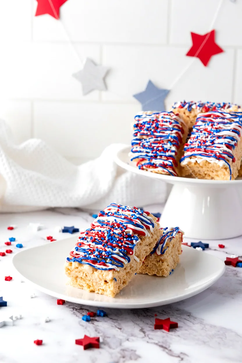 Finished Independence Rice Krispie treats served on a party plate