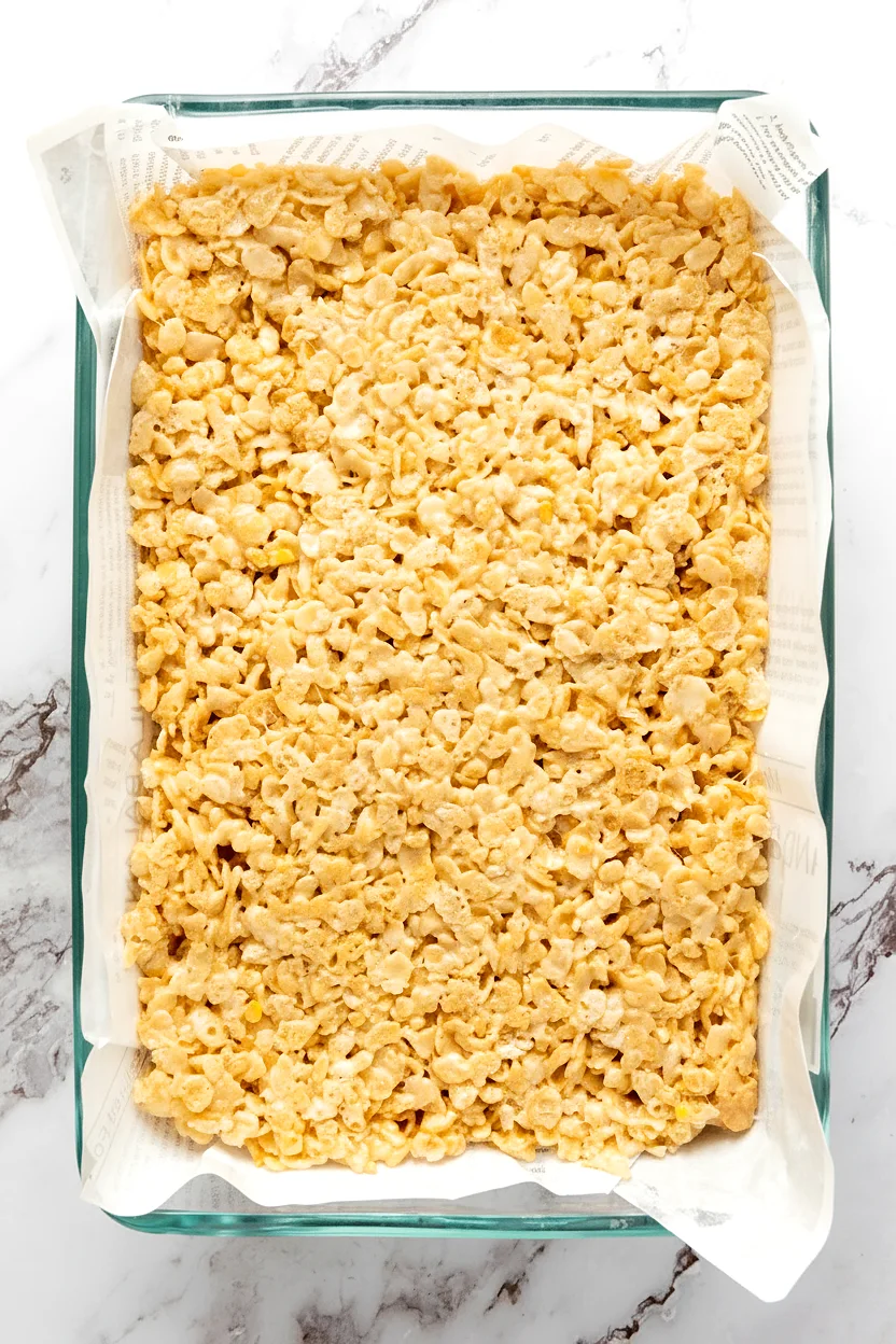 Rice Krispie mixture pressed into a lined pan