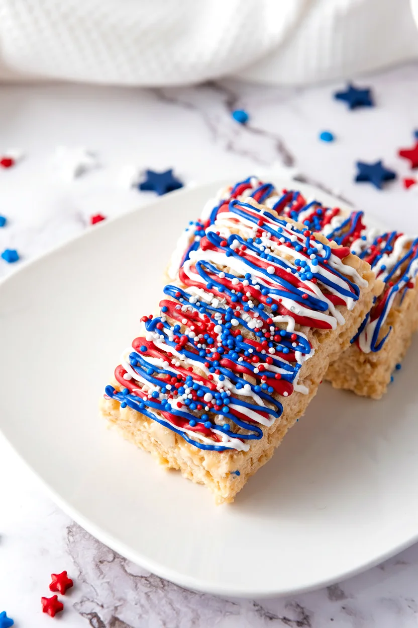 Independence Rice Krispie treats stacked on a serving plate