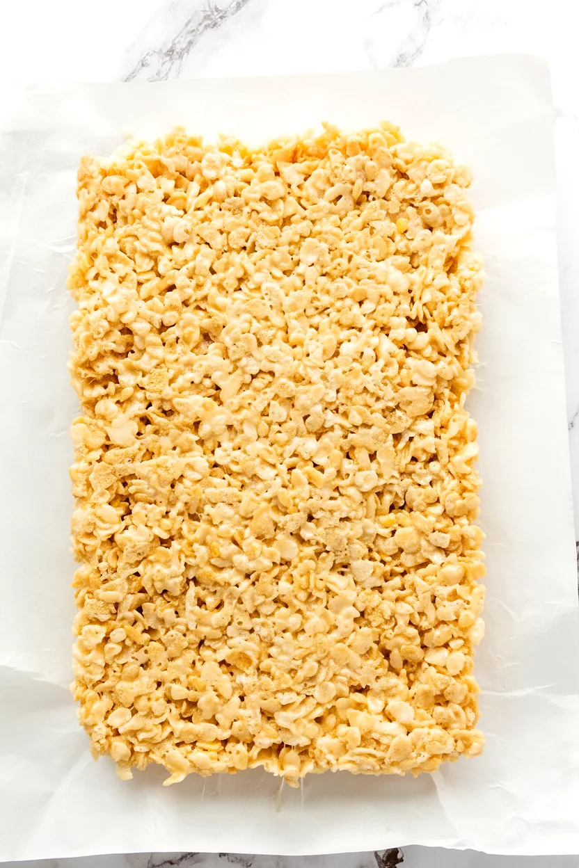 Set Rice Krispie slab lifted from the pan