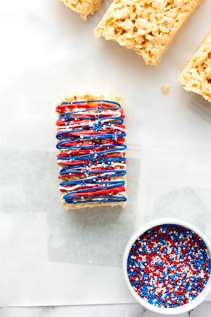 Patriotic Rice Krispie treat finished with sprinkles