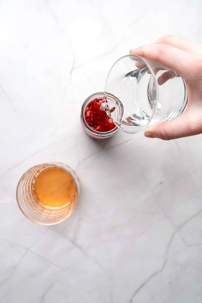 Vodka poured over maraschino cherries