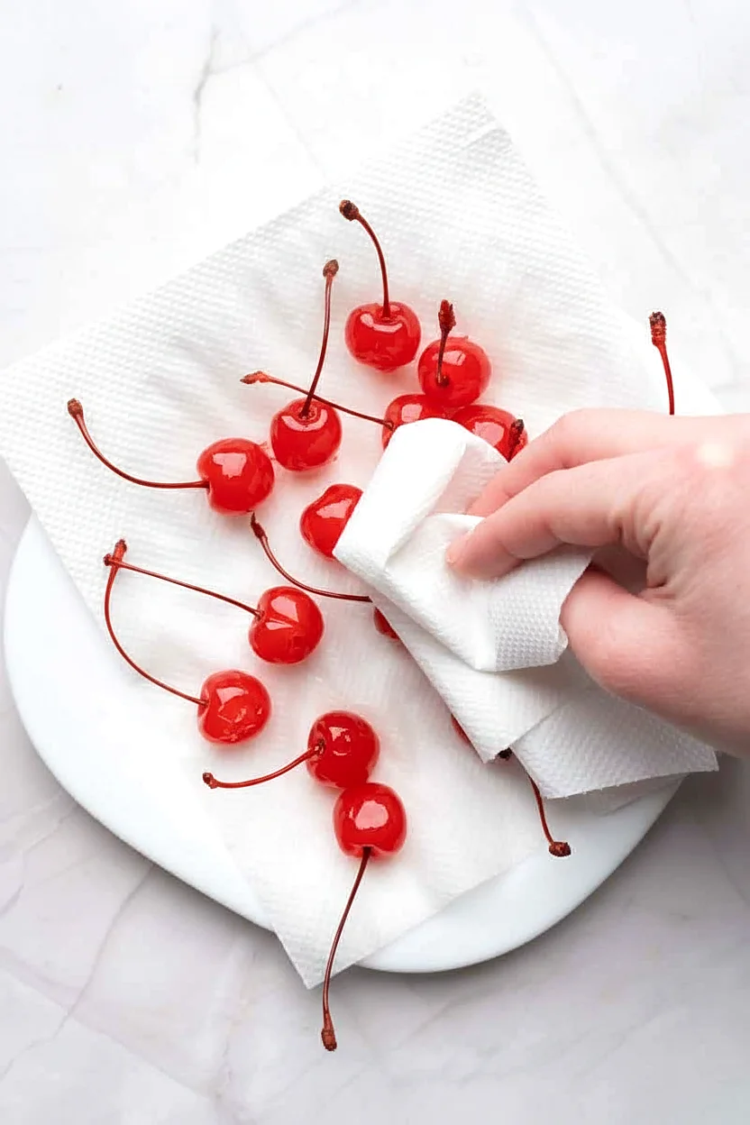Stemmed cherries dried on paper towels