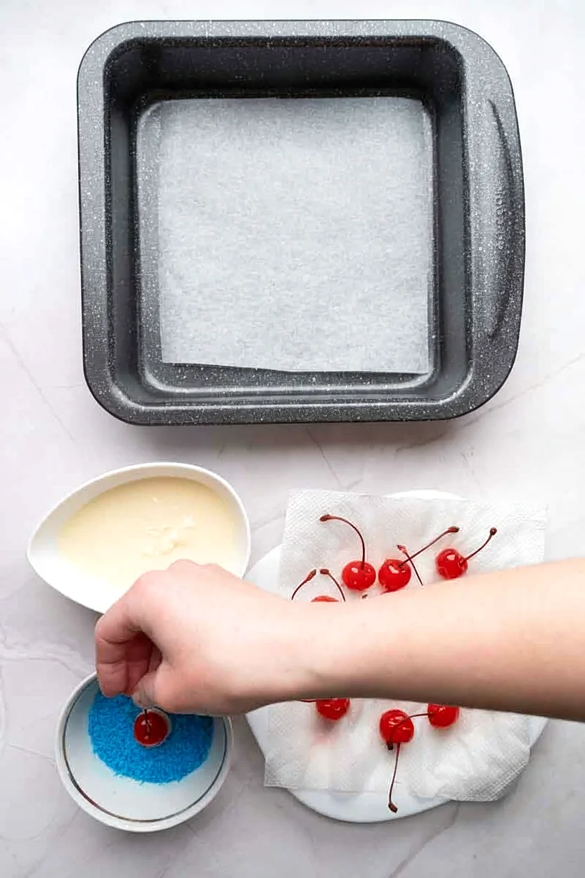 White dipped cherry being dipped into blue sanding sugar
