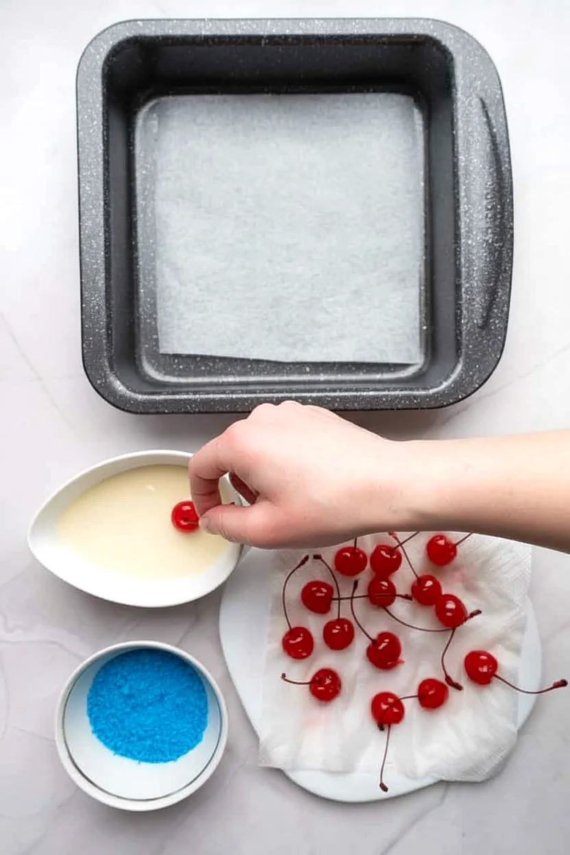 Cherry being dipped into white candy coating