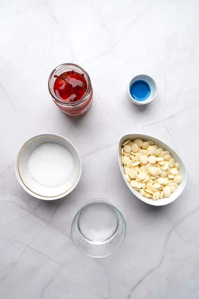 Ingredients for patriotic boozy cherry bombs with maraschino cherries vodka white candy melts and blue sugar