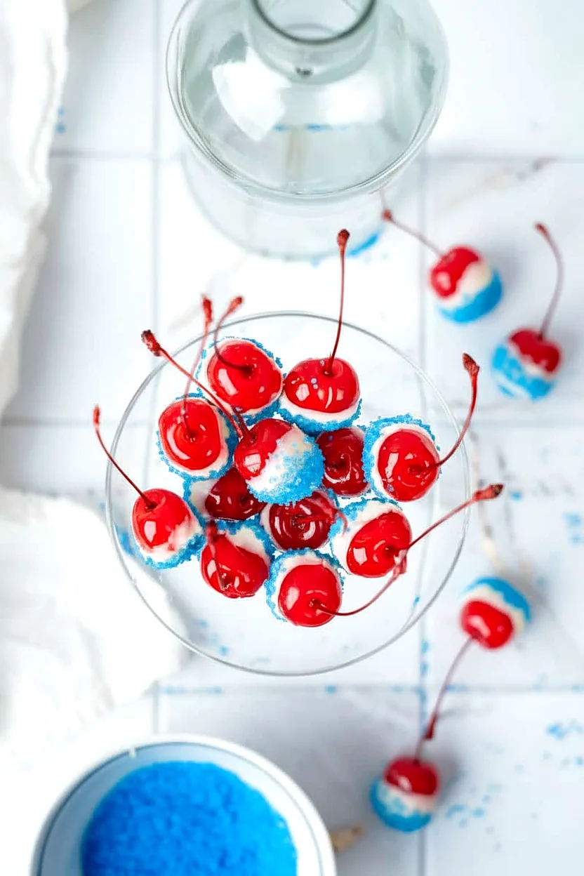 Patriotic boozy cherry bombs served in a party glass
