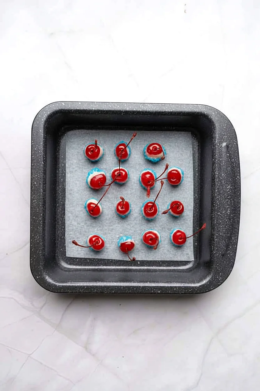 Dipped patriotic cherry bombs setting on a tray