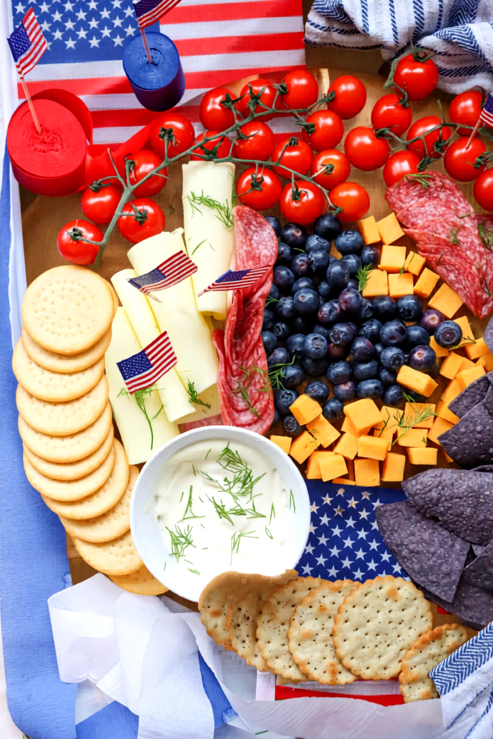 Finished patriotic charcuterie board from above