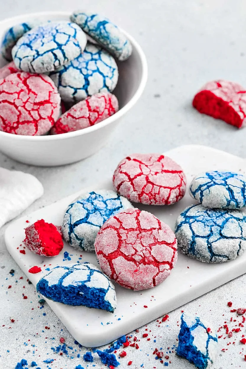 Red and blue 4th of July crinkle cookies arranged on a white serving board