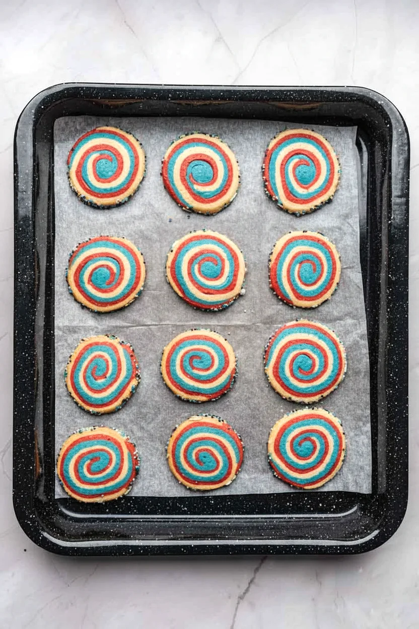 Baked patriotic pinwheel cookies on a sheet pan