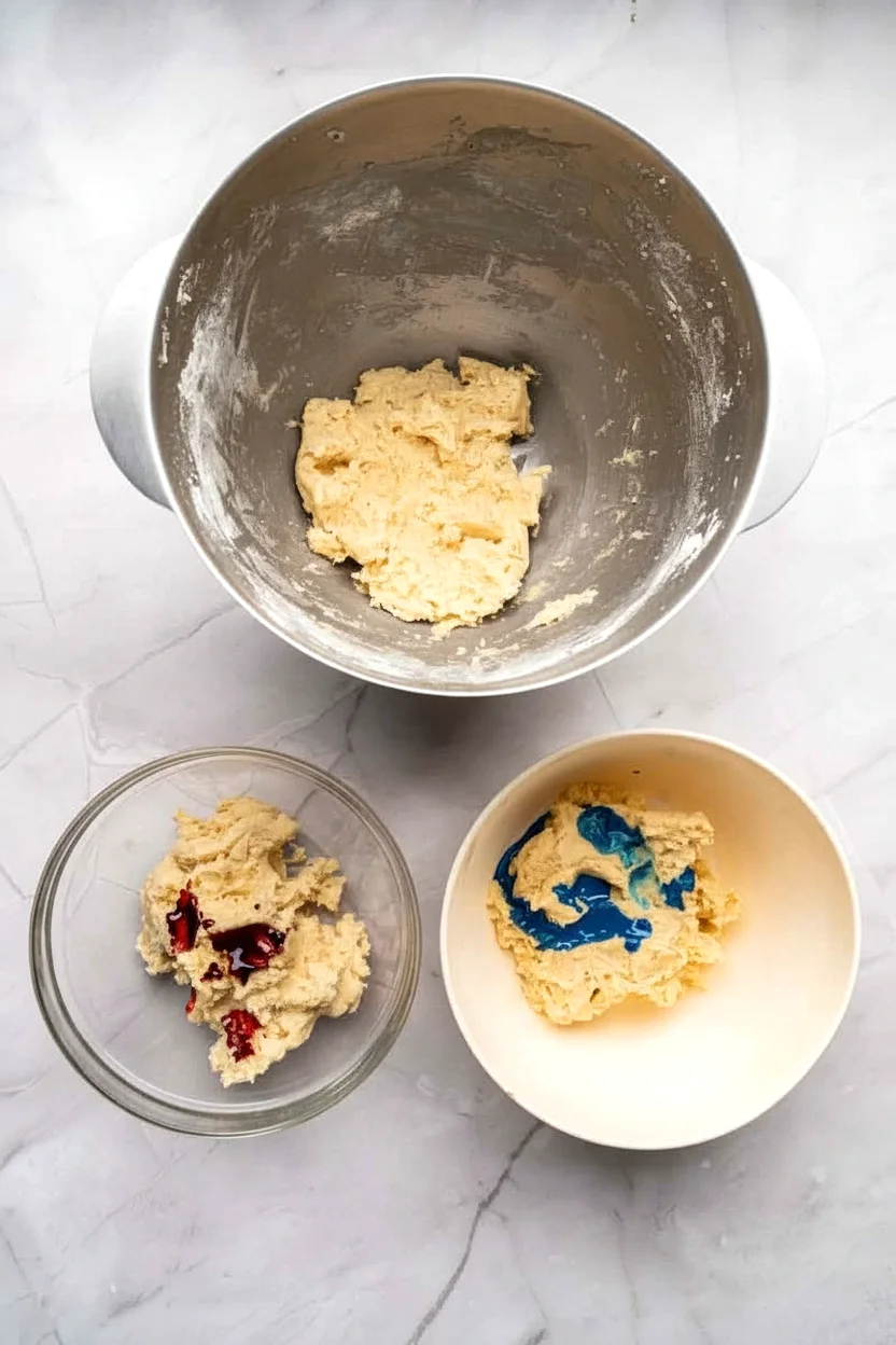 Red and blue food coloring added to dough portions