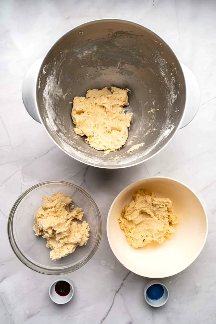 Cookie dough divided into portions for coloring
