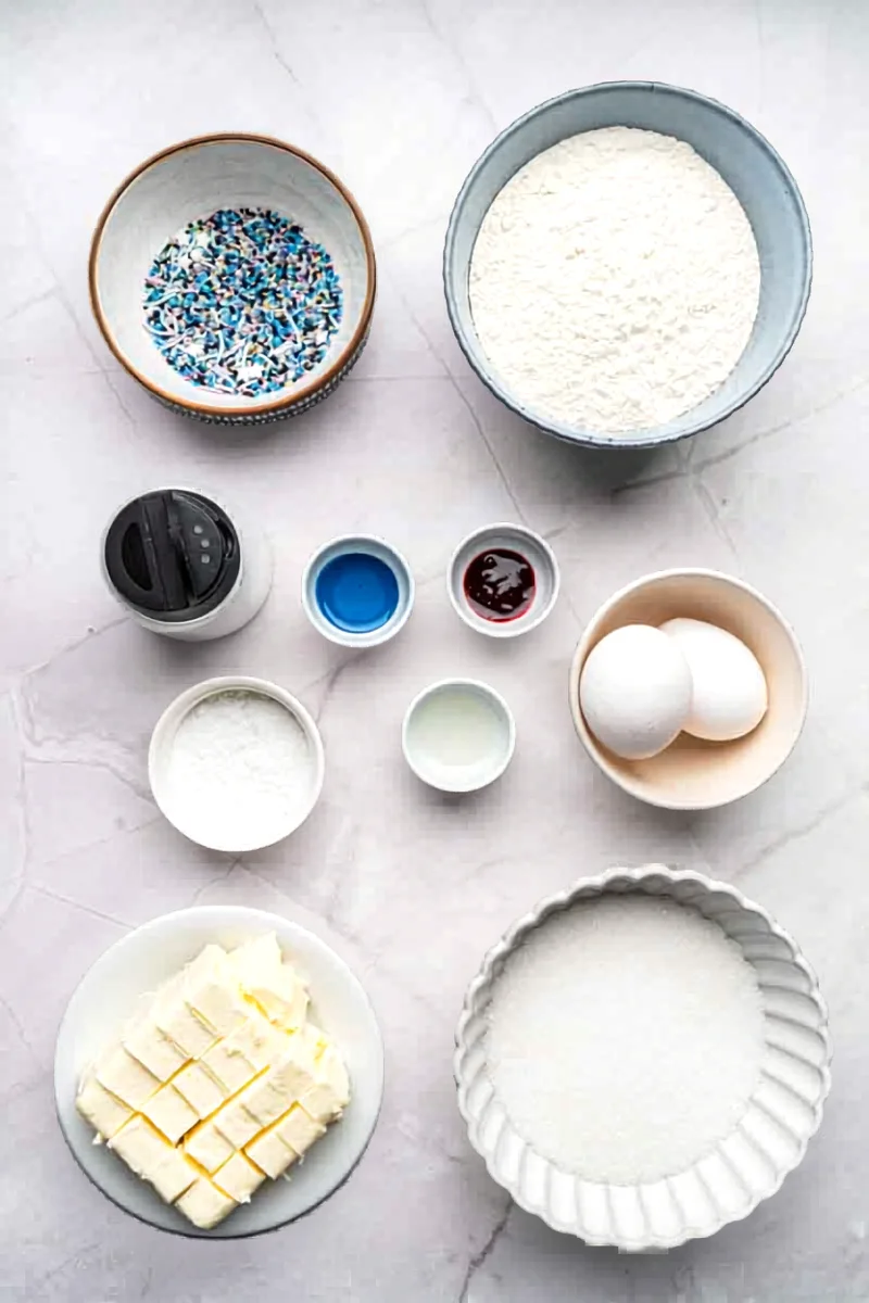 Ingredients for patriotic pinwheel cookies arranged on a counter