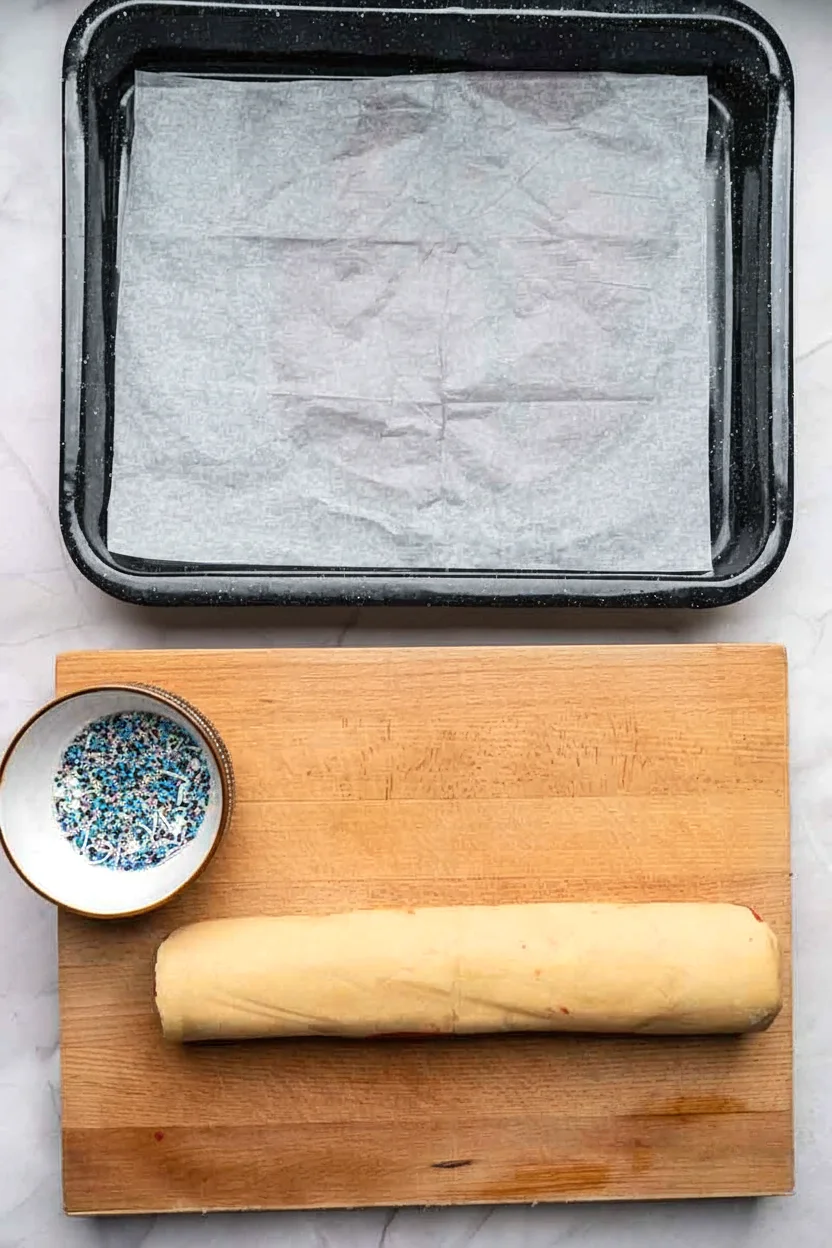 Chilled pinwheel cookie dough log ready to slice
