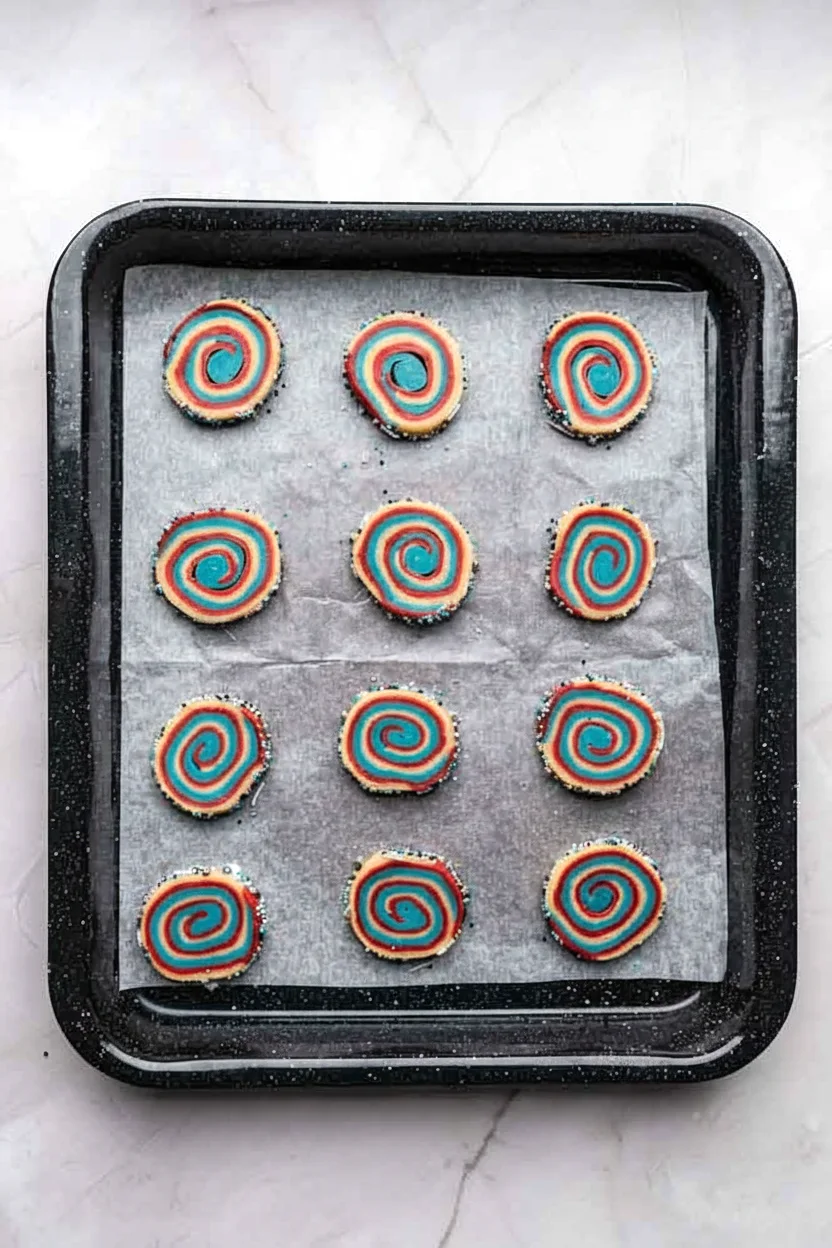 Unbaked patriotic pinwheel cookies arranged on a baking sheet