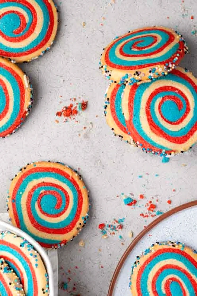 Finished patriotic pinwheel cookies viewed from overhead