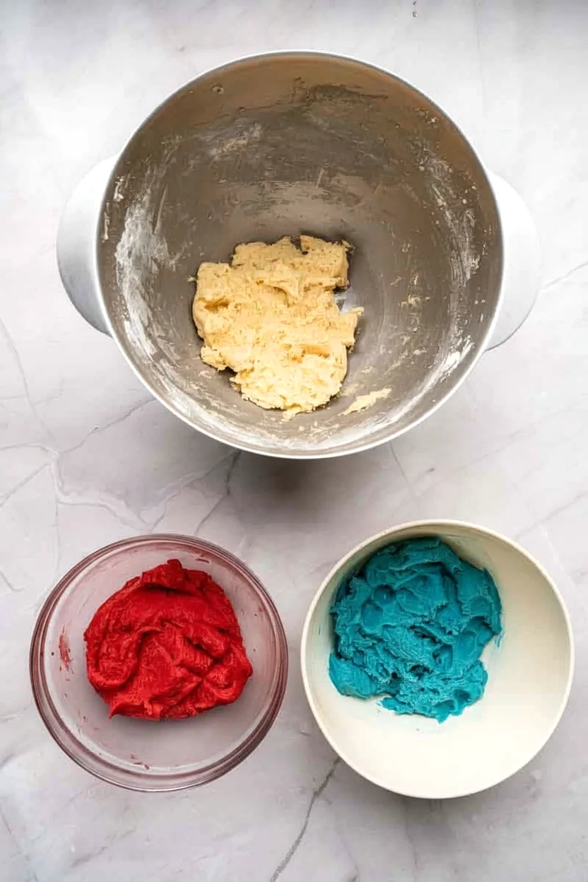 Plain red and blue cookie dough portions ready to roll