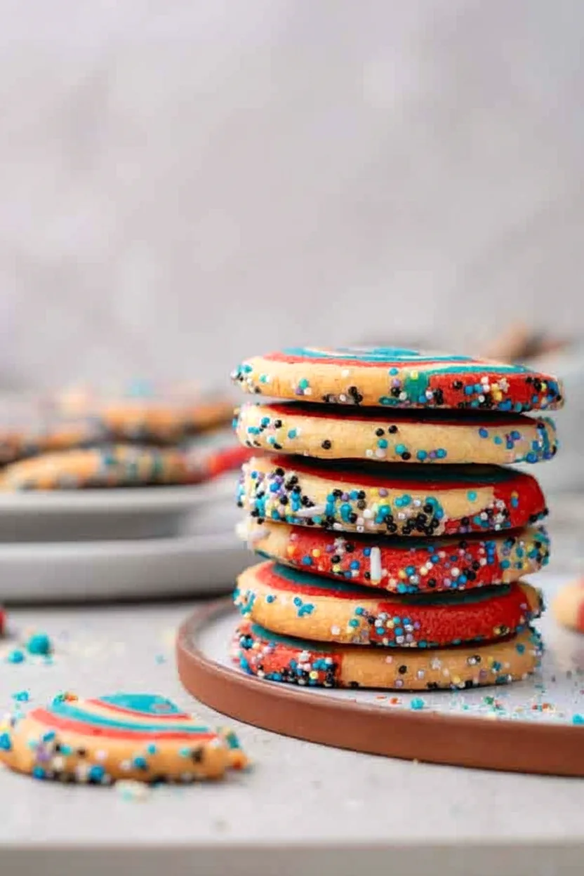Finished patriotic pinwheel cookies stacked on a plate
