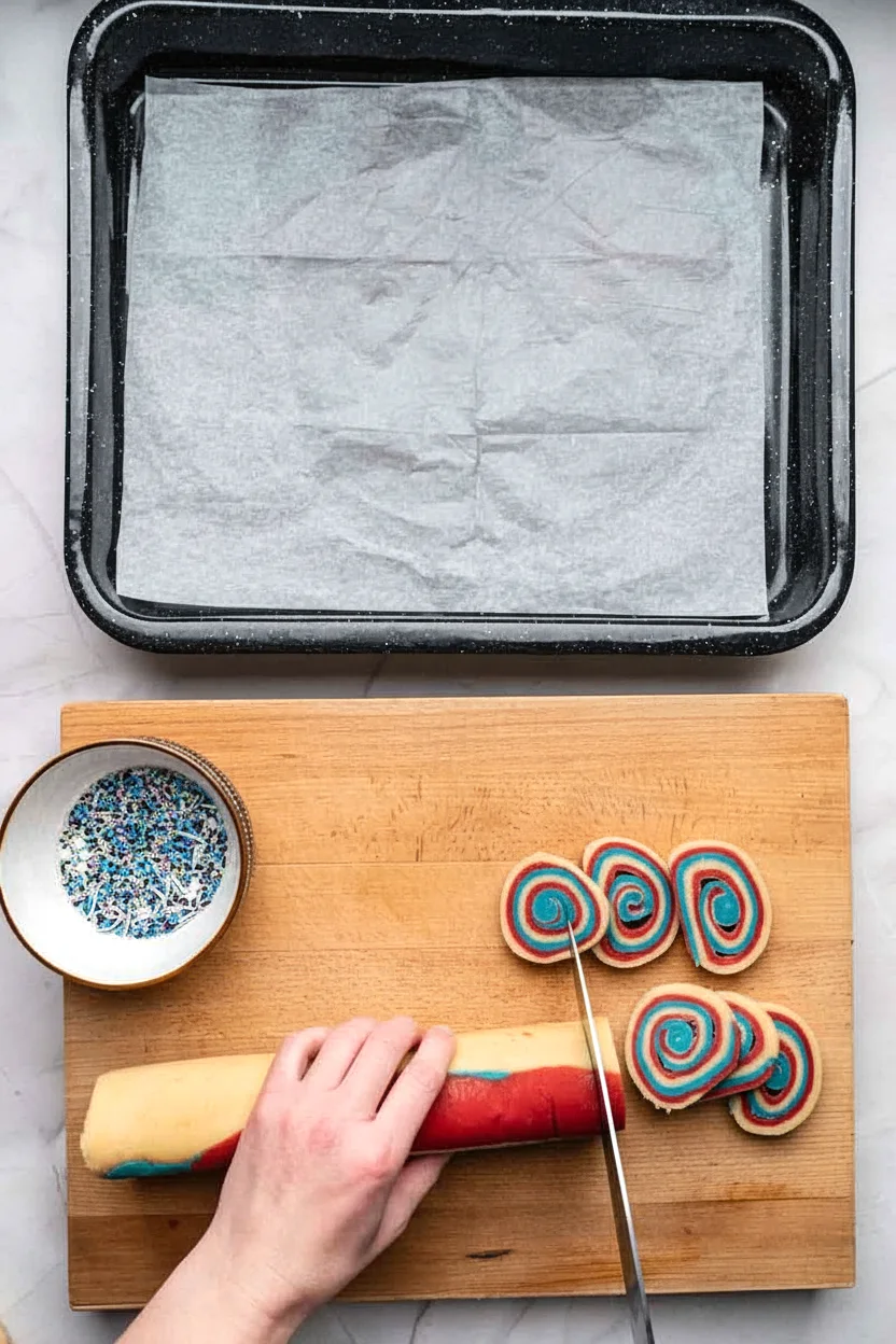 Patriotic pinwheel cookie dough being sliced into rounds