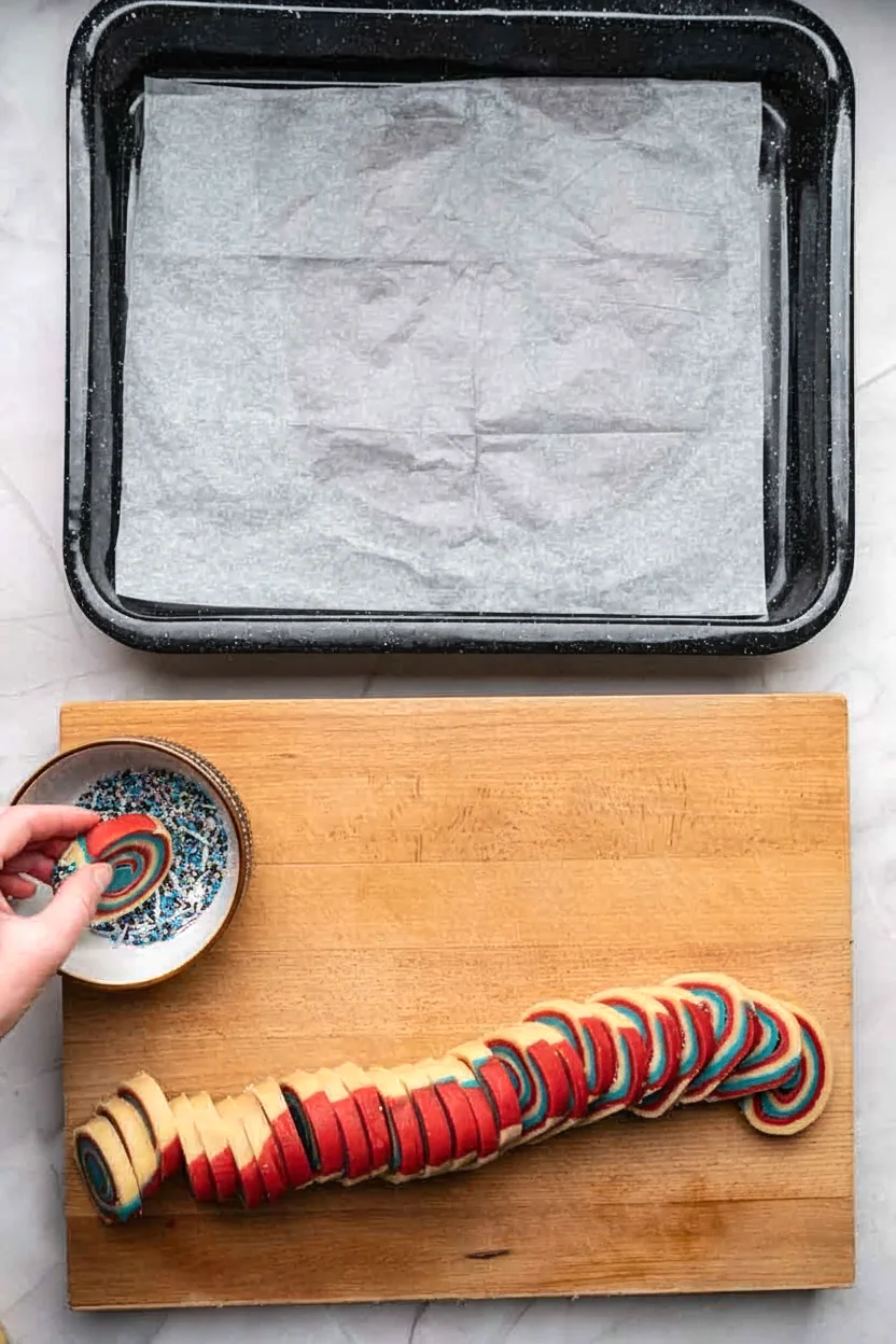Pinwheel cookie edge dipped into patriotic sprinkles